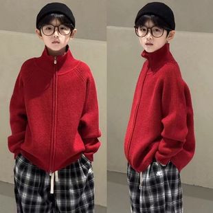 男童立领针织外套秋冬毛衣2026红色儿童洋气针织衫拉链衫保暖外套
