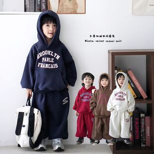 男童冬季套装2026新款洋气韩版中大童加绒连帽卫衣卫裤休闲两件套