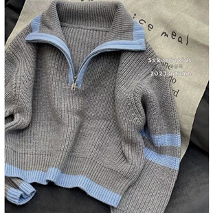 女童加厚高领保暖毛衣中大童装韩版撞色半拉链套头立领儿童毛衣潮