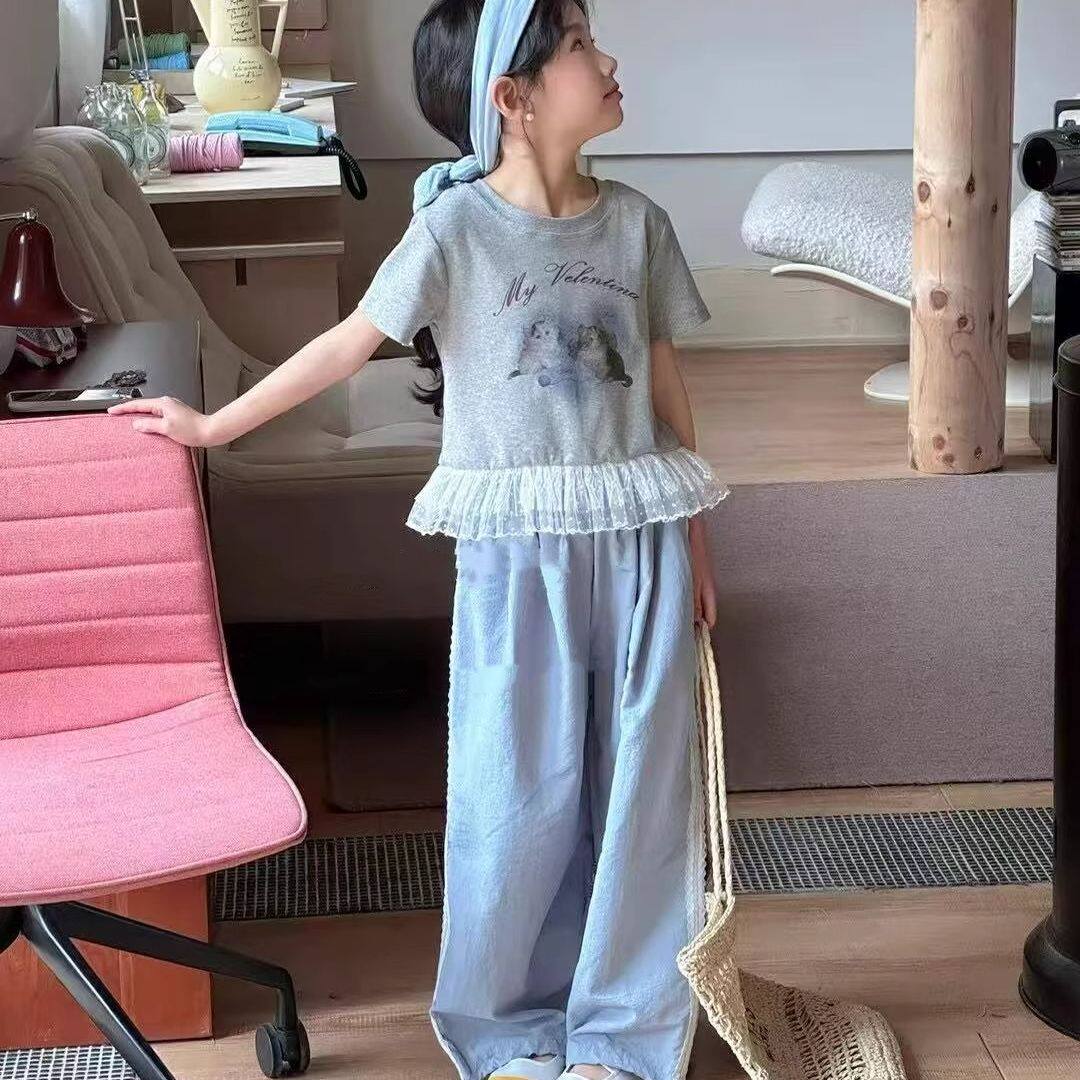 女童套装夏季新款中大童蕾丝花边短袖T恤洋气休闲阔腿裤两件套潮