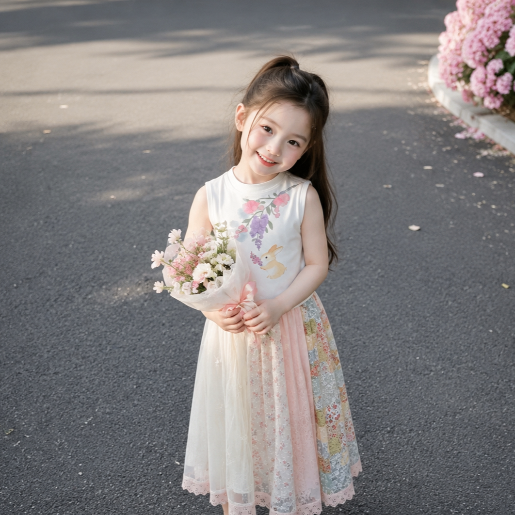 女童夏季无袖背心拼色半身裙套装