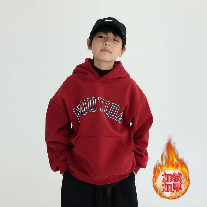 男童时尚卫衣个性字母印花新款连帽潮牌帅气加绒秋冬款中大童上衣