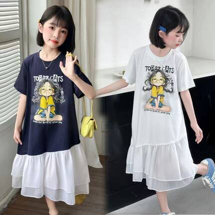 女童连衣裙洋气2026夏季新款中大童短袖拼接裙子儿童T恤裙女孩潮