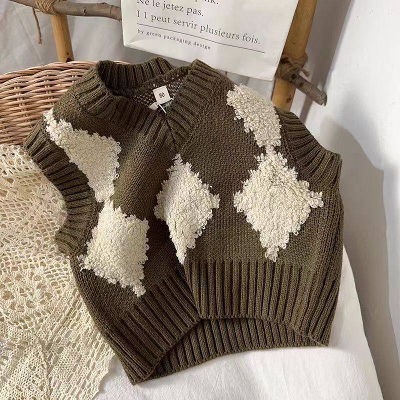 洋气菱格复古男童女童毛线秋冬儿童马甲坎肩宝宝马夹上衣针织背心