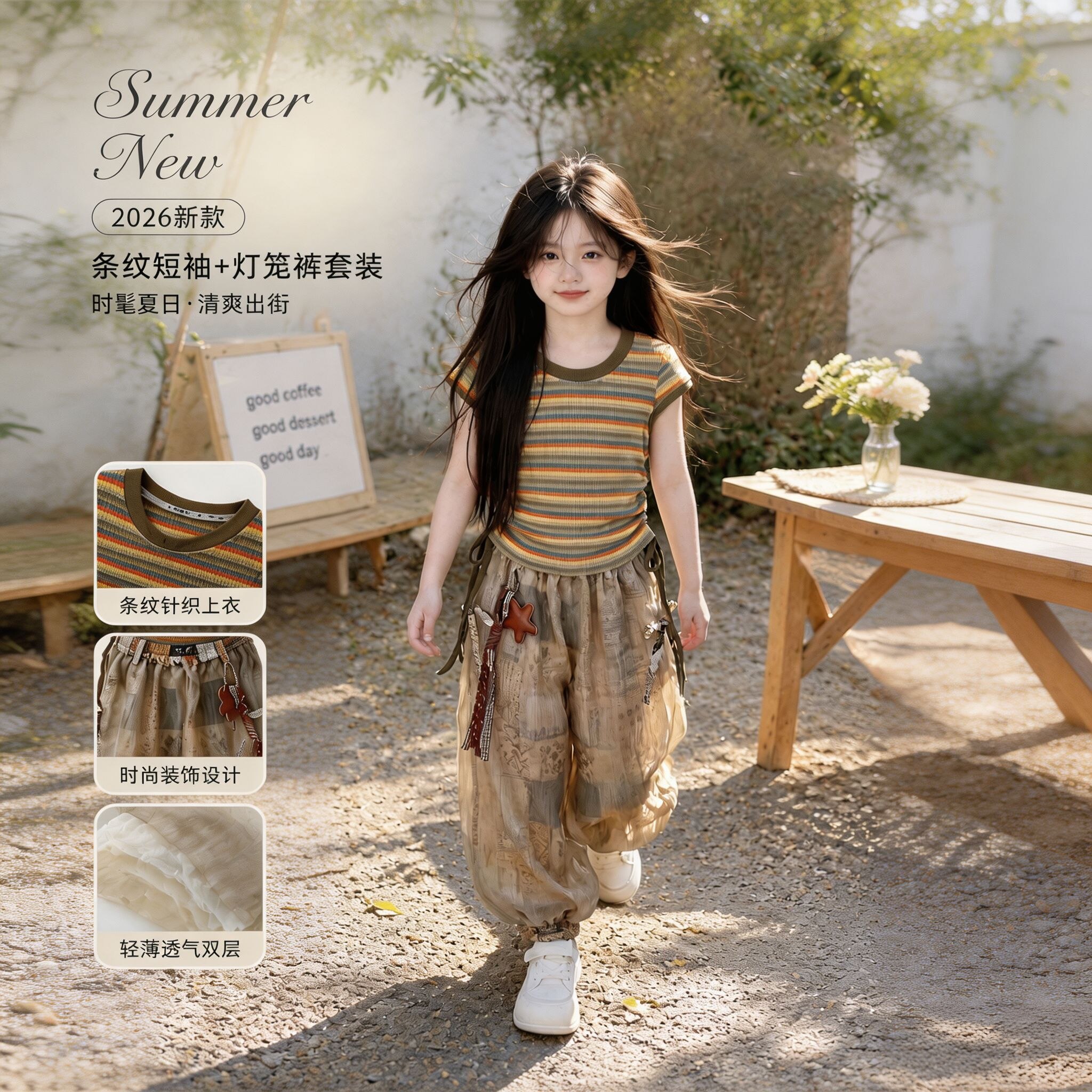 女童条纹短袖灯笼裤潮款夏装套装