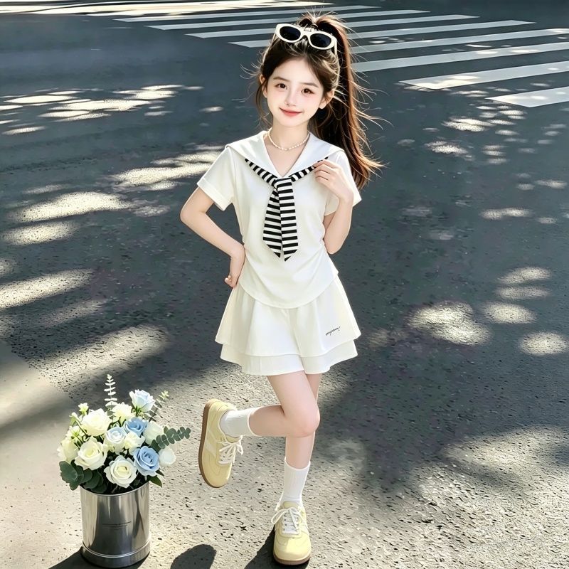 夏季多巴胺套装女童初中生时尚海军领短袖百搭薄款裙裤两件套