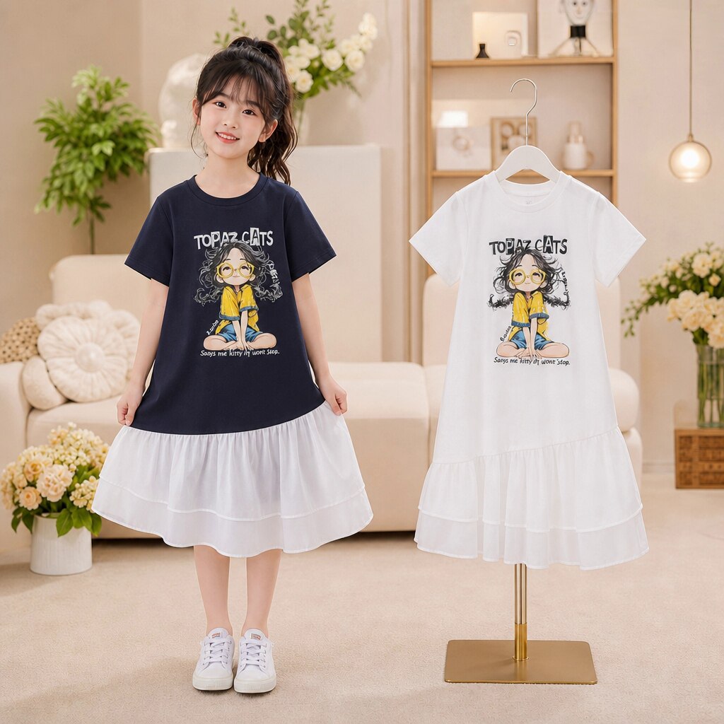 女童夏装休闲学院风拼接连衣裙