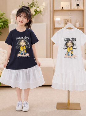 女童夏装休闲学院风拼接连衣裙