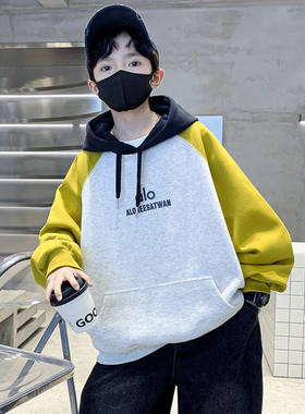 男童拼色加绒连帽卫衣春秋季2026新款儿童秋冬衣服中大童装韩版潮