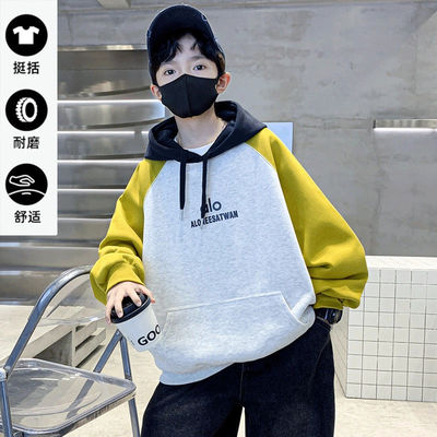 男童拼色加绒连帽卫衣春秋季2025新款儿童秋冬衣服中大童装韩版潮
