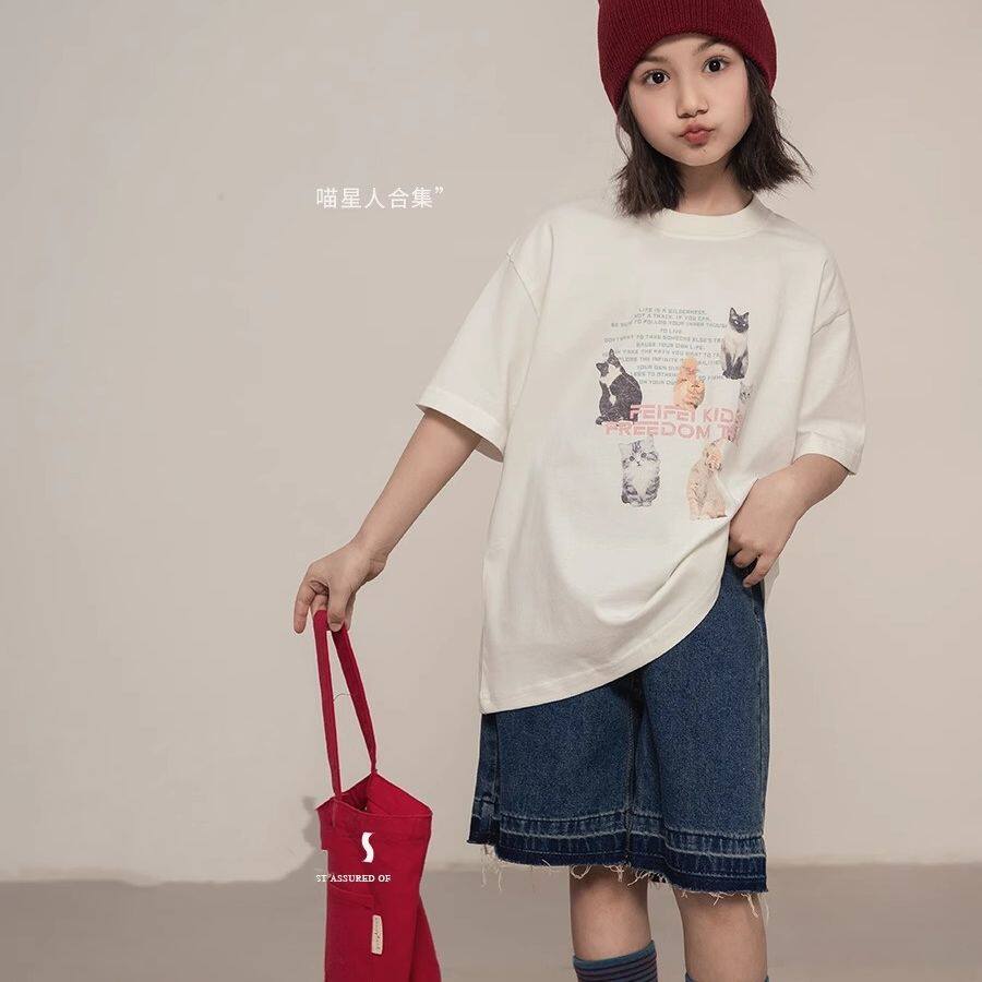 女童上衣纯棉夏季新款中大童宽松韩版洋气卡通印花百搭短袖T恤潮