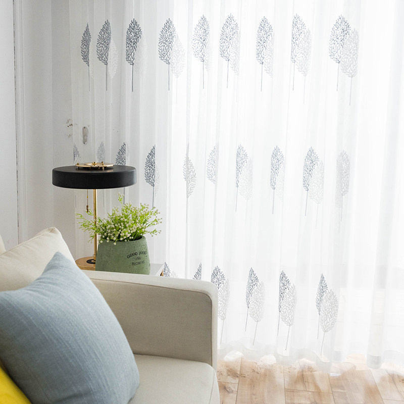 网红双色树纱帘窗纱窗帘布透光绣花特价清仓客厅阳台卧室简约现代