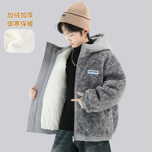 男童加绒外套冬装2025新款中大男孩加厚毛毛衣儿童保暖羊羔绒棉袄