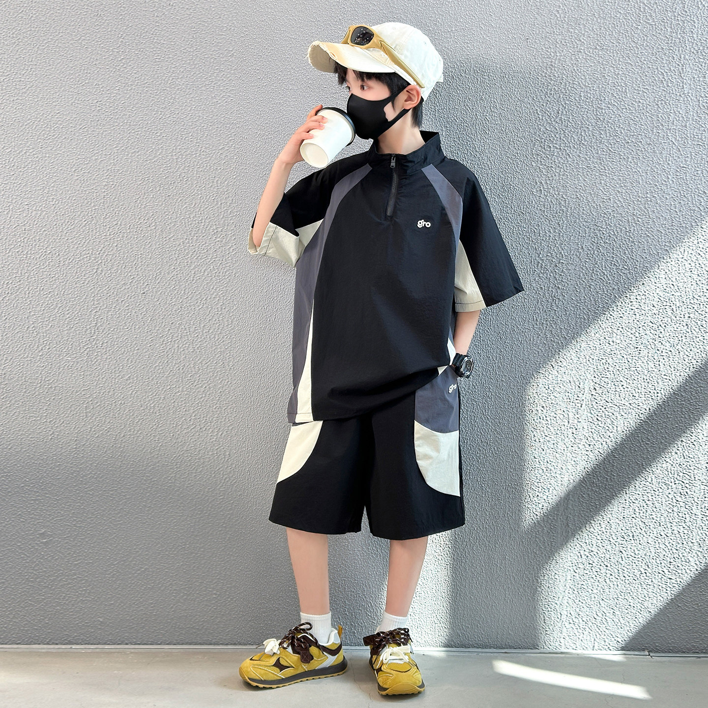 男童短袖套装2026新款运动立领半拉链短裤中大儿童薄帅气衣服夏装