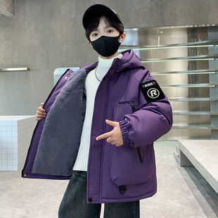 男童加绒派克服2026新款中大男孩加厚棉服帅气儿童秋冬款连帽外套