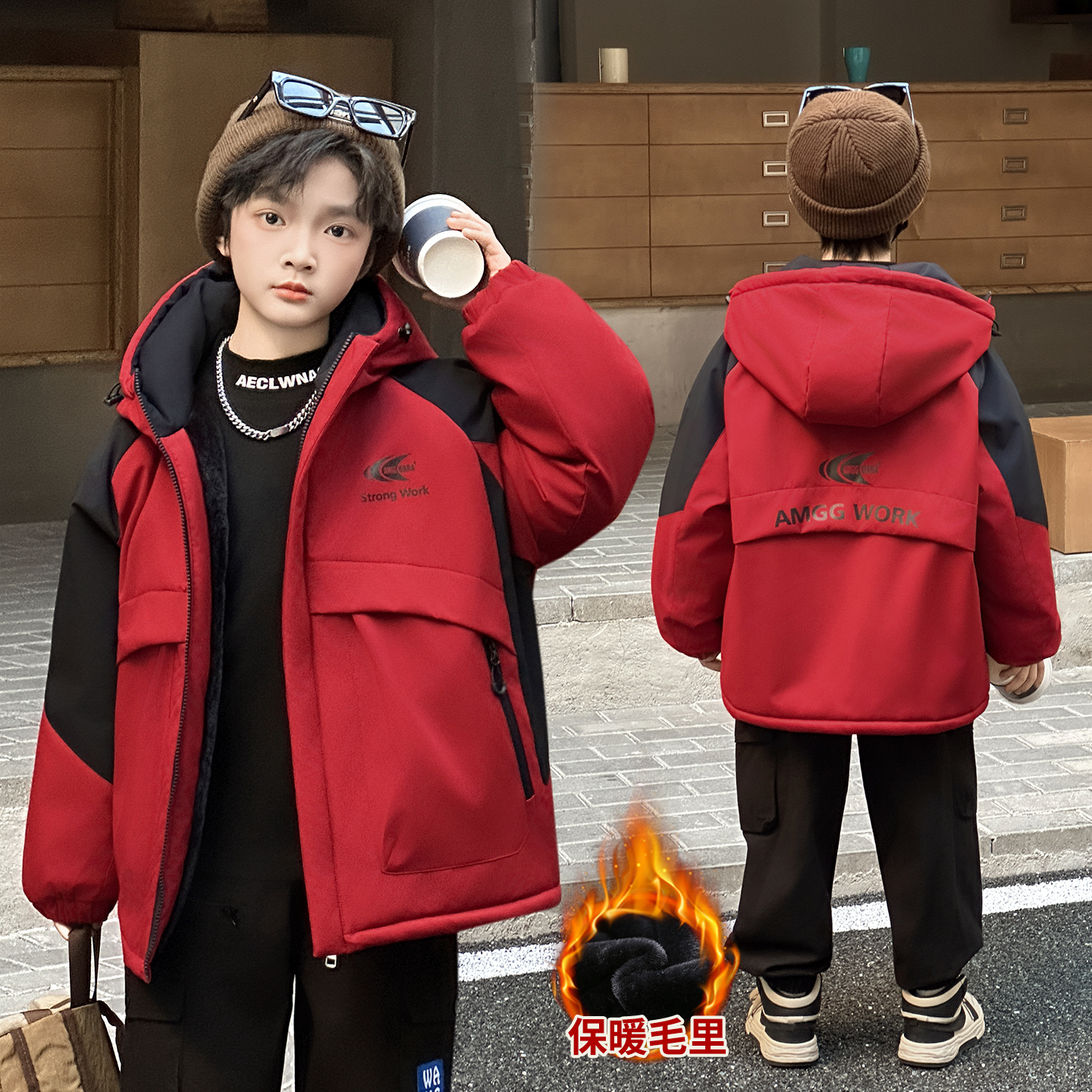 男童加绒外套连帽夹棉冬季棉衣