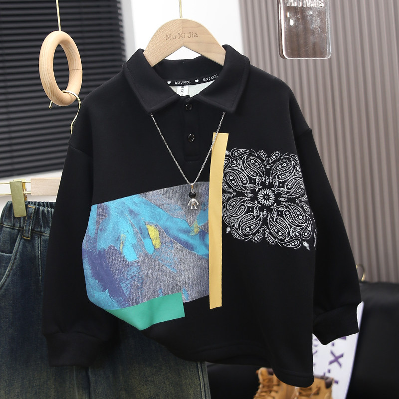 男童卫衣春秋款2025新款中大童加绒加厚儿童秋冬POLO衫保暖打底衫