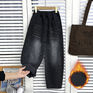 男童加绒裤子2026新款洋气中大童加厚秋冬满天星烫钻阔腿裤牛仔裤