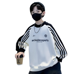 男童春装卫衣2026新款中大童时髦洋气酷帅圆领打底衫儿童加绒衣服