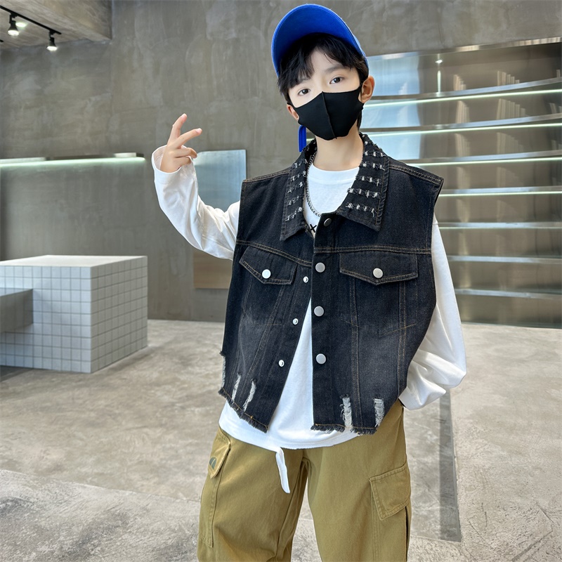 时髦洋气牛仔春秋破洞马甲