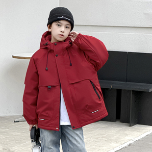 男童夹棉外套秋冬款2025新款大童加厚风衣爆款初中生防水派克棉服