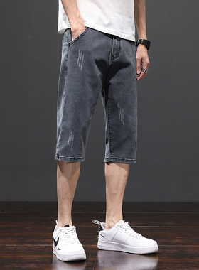 灰色七分牛仔短裤男士夏季薄款宽松直筒韩版潮流休闲夏天7分中裤