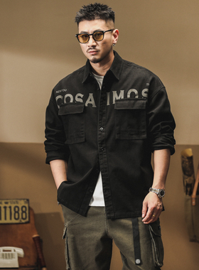 美式黑色工装外套男春秋2025新款长袖衬衫高级感复古印花牛仔夹克