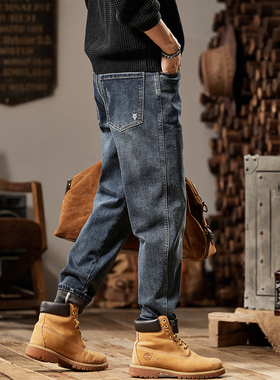 美式重磅刺绣加绒牛仔裤男春秋款硬汉宽松直筒蓝灰色做旧水洗裤子