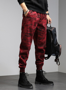 潮牌红色涂鸦大满花工装裤男潮牌宽松束脚网红ins超火休闲男裤子