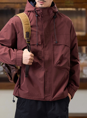 安克拉红色软壳防风衣男秋冬款宽松大码夹棉大码户外夹克风衣外套