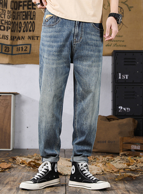 美式硬汉机车浅蓝色水洗牛仔裤男款秋冬锥形直筒潮牌大码弹力长裤