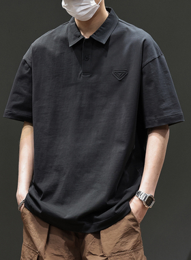 男士黑色polo衫男短袖夏季宽松大码半袖2025新款美式上衣翻领t恤