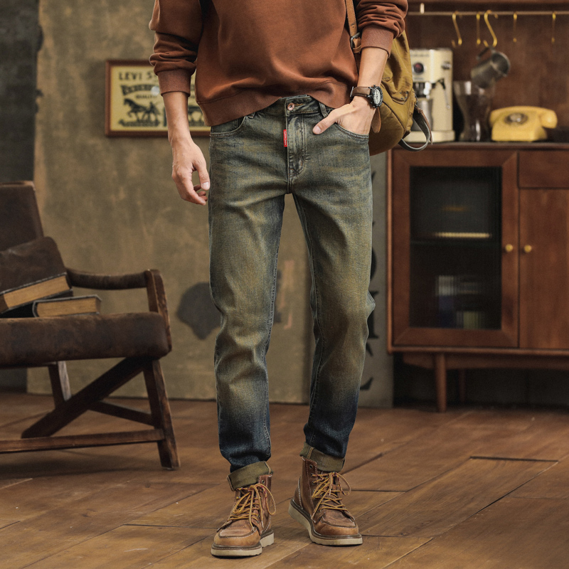 美式复古黄泥水洗牛仔裤男2025