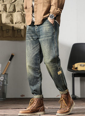 美式硬汉牛仔裤男士宽松直筒高街泥黄色裤子2025复古阿美咔叽长裤