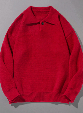 大红色翻领毛衣男新年本命年大码冬季加厚针织衫POLO领打底衫