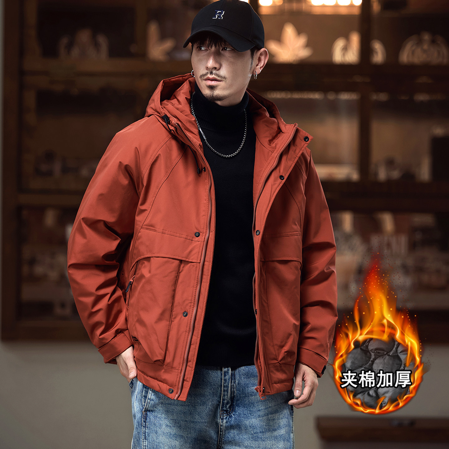 本命年西瓜红夹棉防风衣男冬季户外加棉加厚连帽登山夹克棉服外套