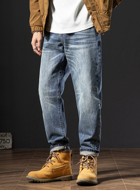 美式蓝色牛仔裤男2025新款潮牌宽松直筒休闲长裤秋冬新塘锥形裤子