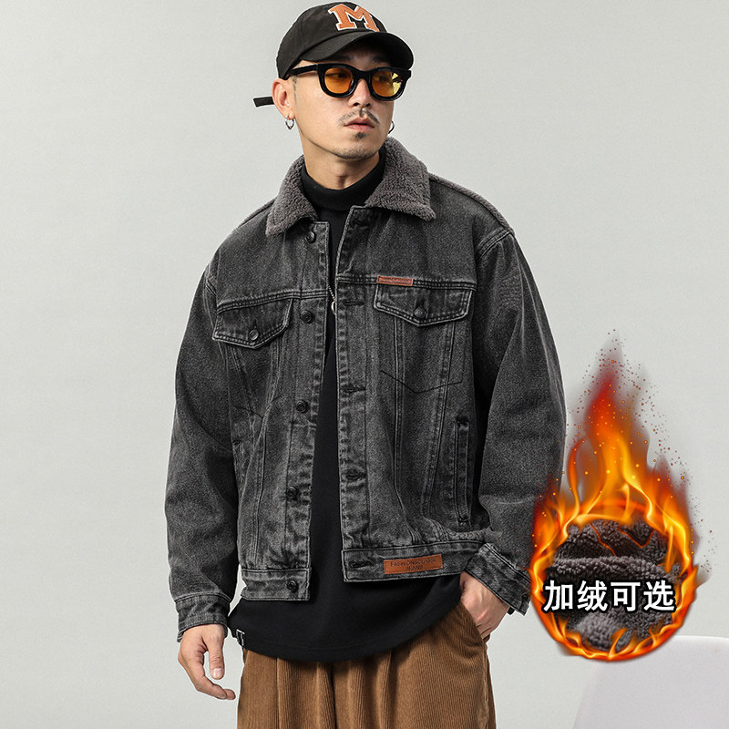 香港潮牌冬季加绒牛仔外套男韩版加棉加厚羊羔绒拼接潮牌夹克棉服