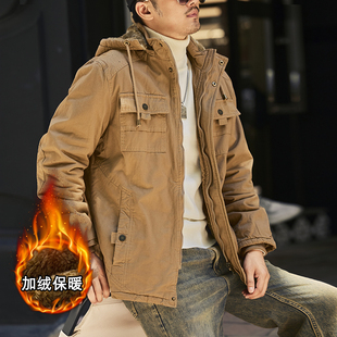 高端硬汉加绒加厚棉大衣男士冬季复古纯棉工装连帽外套飞行员夹克