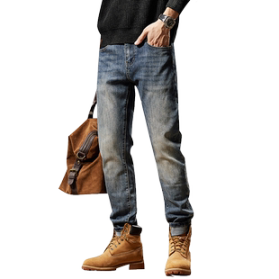 美式复古加绒牛仔裤男款秋冬款潮流硬汉修身直筒硬汉百搭男士裤子