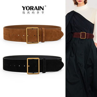 新款 饰 麂皮绒真皮腰带女宽棕色配裙子大衣腰封配饰皮带牛皮秋冬装