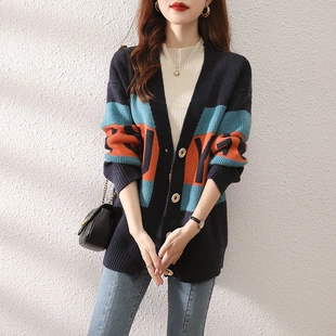 女春秋针织衫 外套潮 宽松开衫 V领毛衣2023年新款 上衣春季 女士韩版