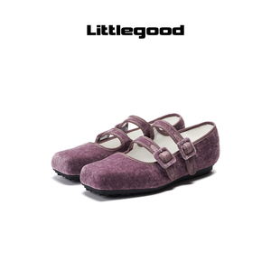 【折扣】littlegood绒面玛丽珍鞋女2023新款百搭方头芭蕾舞鞋
