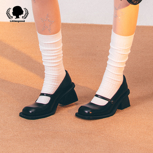 littlegood日系玛丽珍鞋女2023春夏新款中跟一字带小皮鞋百搭