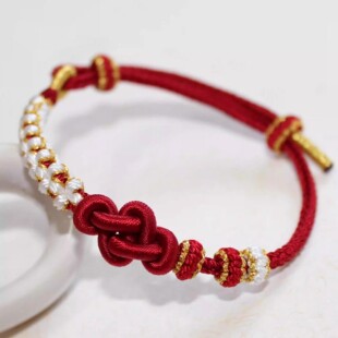 桃花如意结手绳可穿3D硬金通孔珠女小红书手工DIY红绳手链半成品