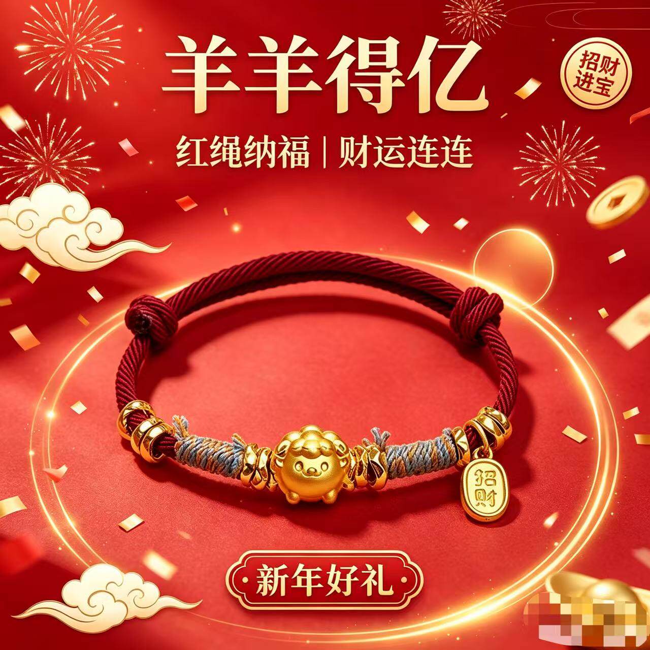 2027羊年新款羊羊得亿纯手工编织复古可调节红绳手绳招财情侣款