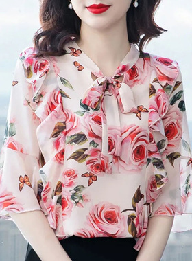 夏季碎花上衣女 套头t恤 V领短袖妈妈装雪纺衫女 气质喇叭袖衬衫