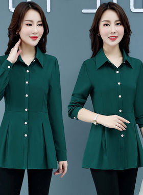 2025春装新款韩版中长款长袖衬衫女修身百搭洋气大码妈妈装衬衫裙
