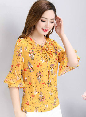 2025夏季新款气质洋气小碎花雪纺衫女小衫大码衬衫女衬衣中袖上衣