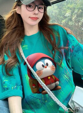 可爱风卡通涂鸦纯棉中长款T恤女2025超火扎染设计宽松遮屁股上衣